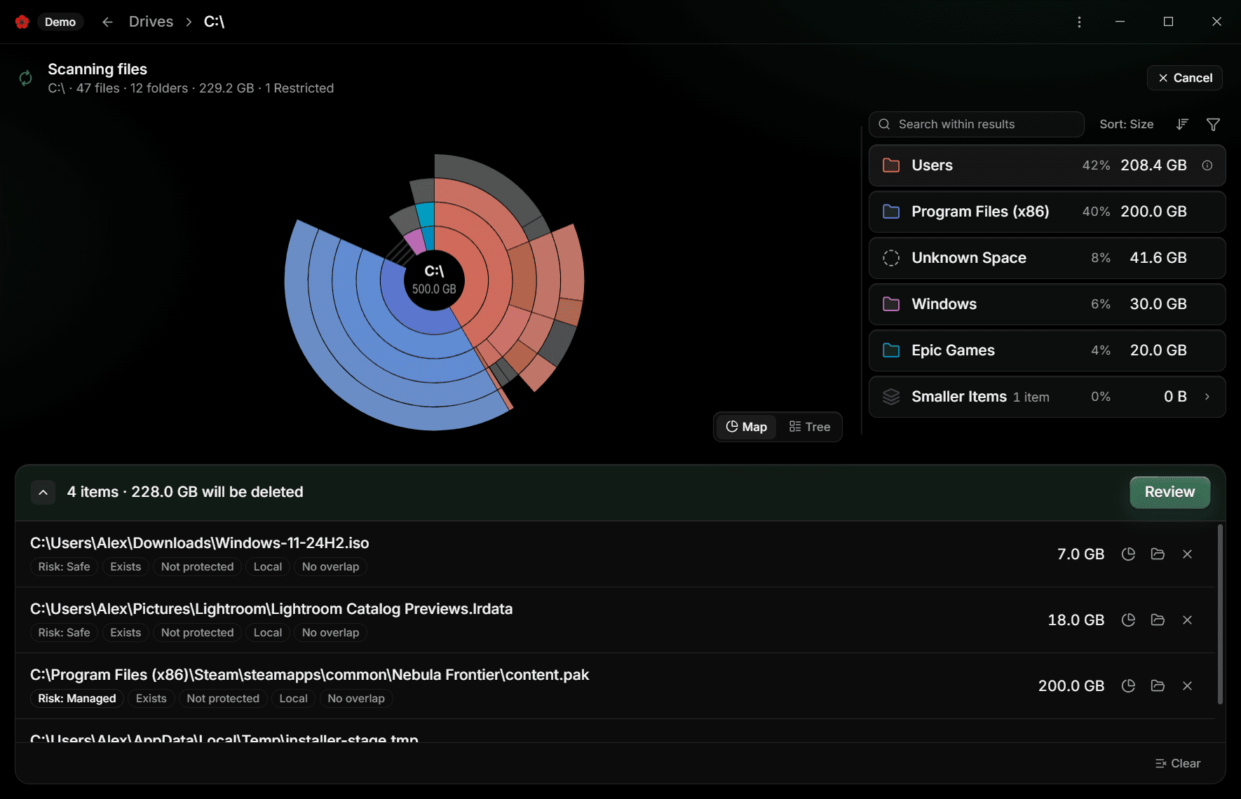 The expanded Cleanup Basket holding one item, with its path, its badges, and the Review button