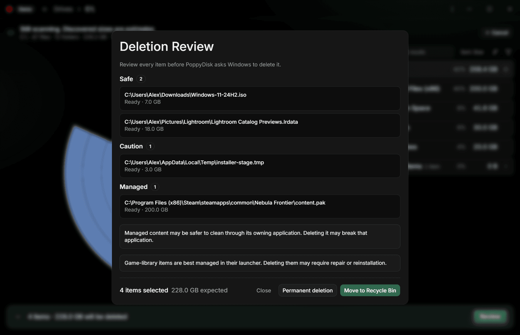 The Deletion Review with one Safe item marked Ready, 1 item selected, and the two deletion buttons