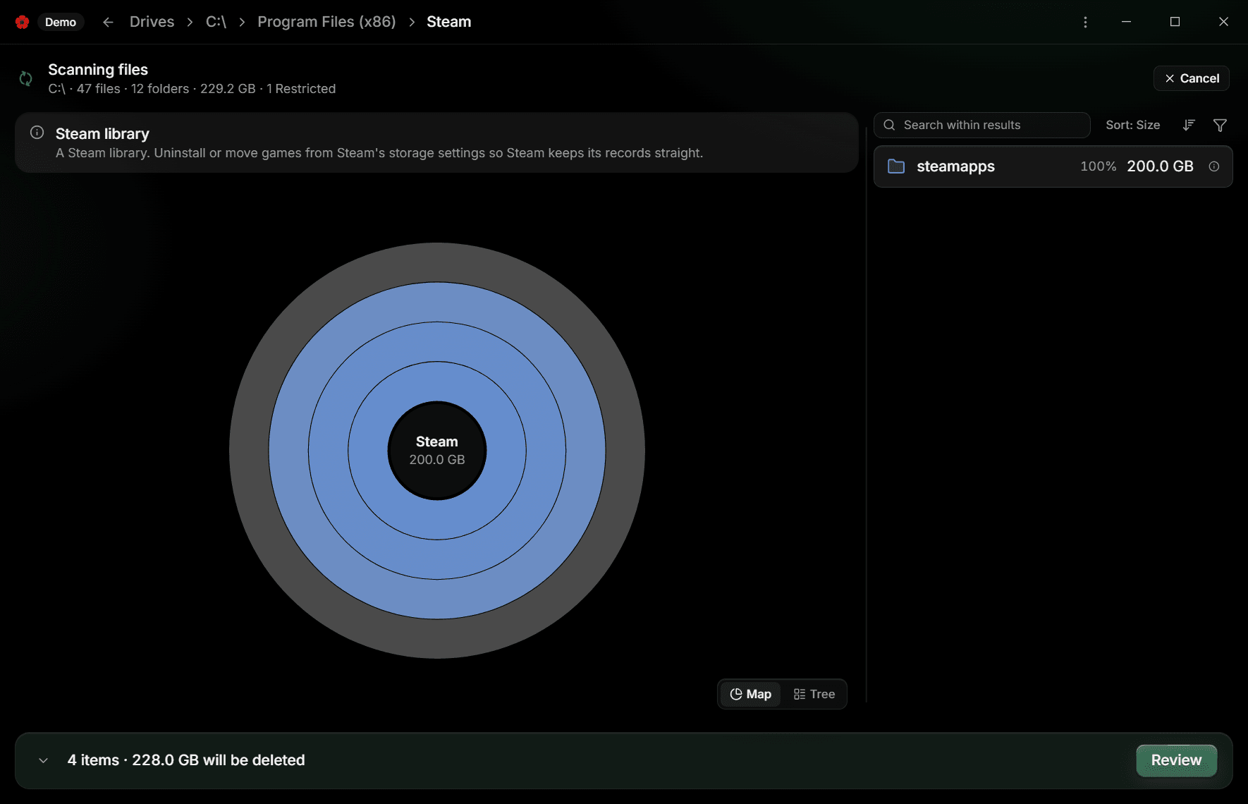 The owner notice above the map after drilling into the Steam library, naming Steam's storage settings as the safer owner