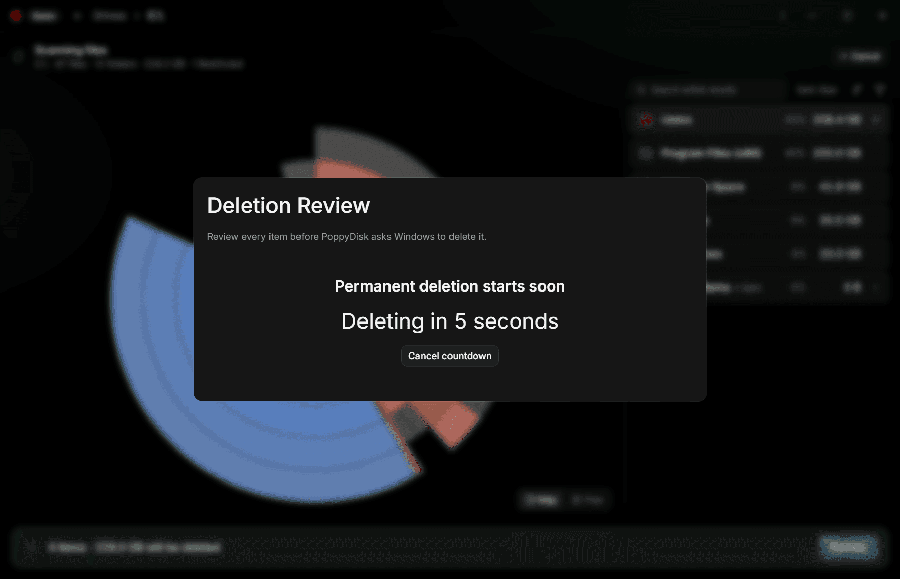 The five-second countdown before permanent deletion, with the Cancel countdown button