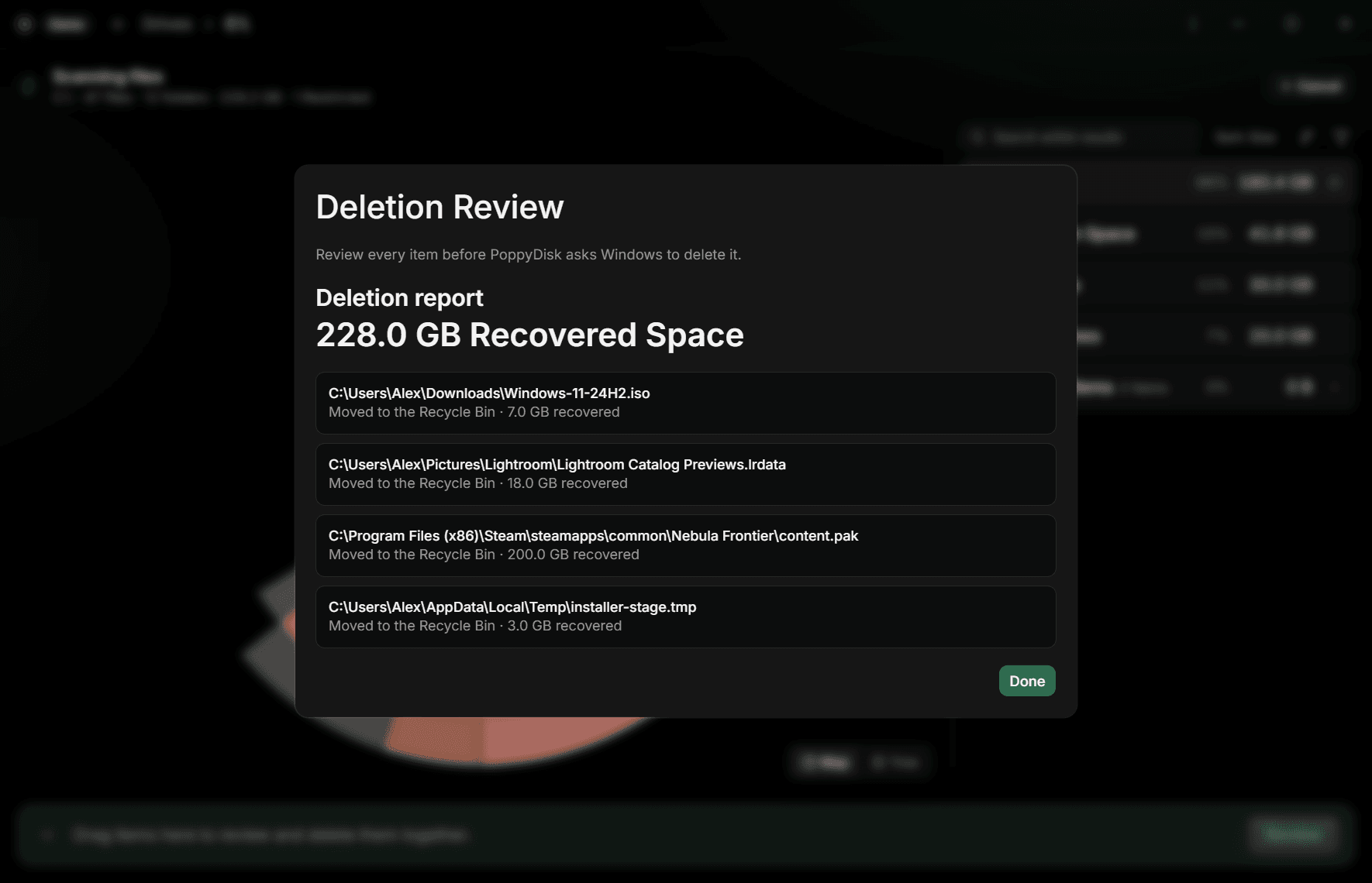 The Deletion report headed 7.0 GB Recovered Space, with the one item marked Moved to the Recycle Bin