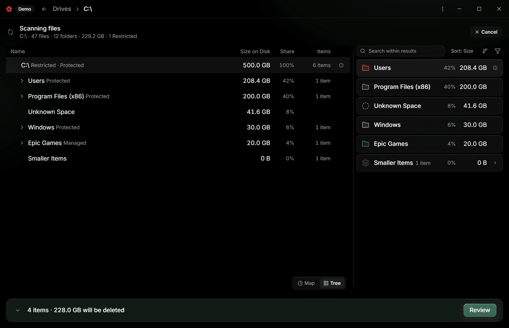 The Tree view of C:, a table with Name, Size on Disk, Share, and Items columns, beside the Details Panel