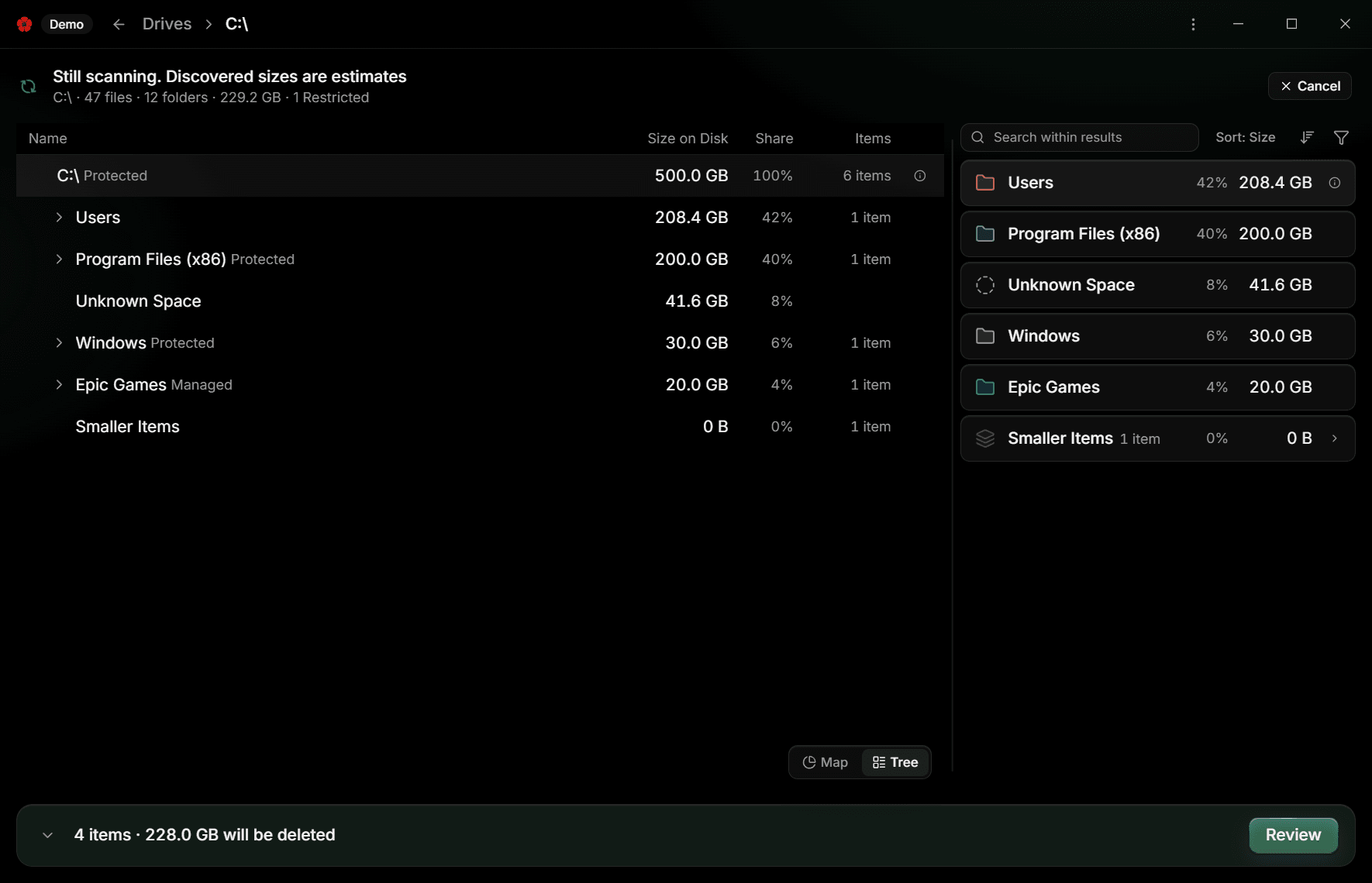 The Tree view of C:, a table with Name, Size on Disk, Share, and Items columns, beside the Details Panel
