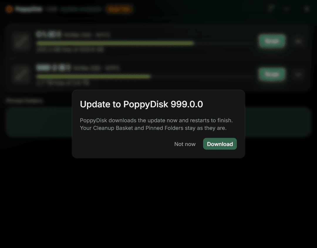 The Update to PoppyDisk 999.0.0 dialog before downloading, with Not now and Download buttons