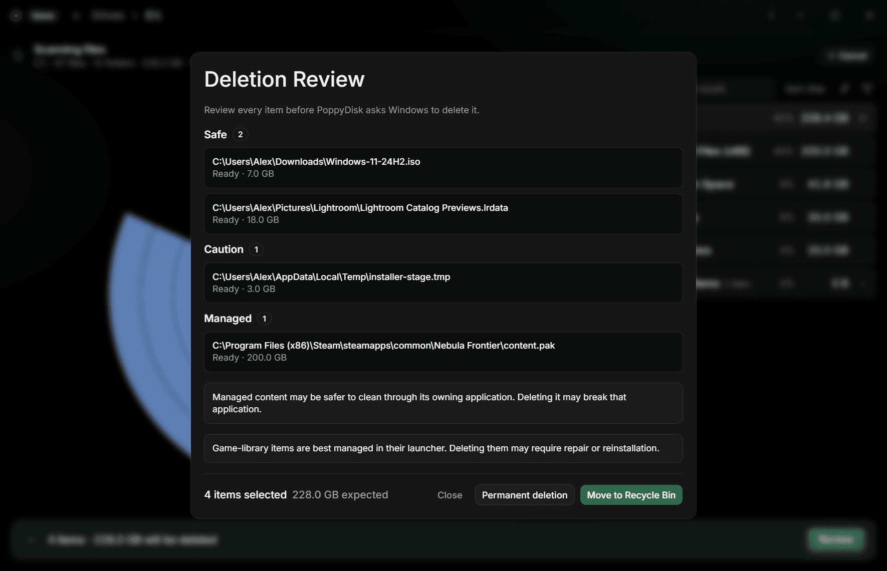 The Deletion Review with one Safe item marked Ready, 1 item selected, and the two deletion buttons