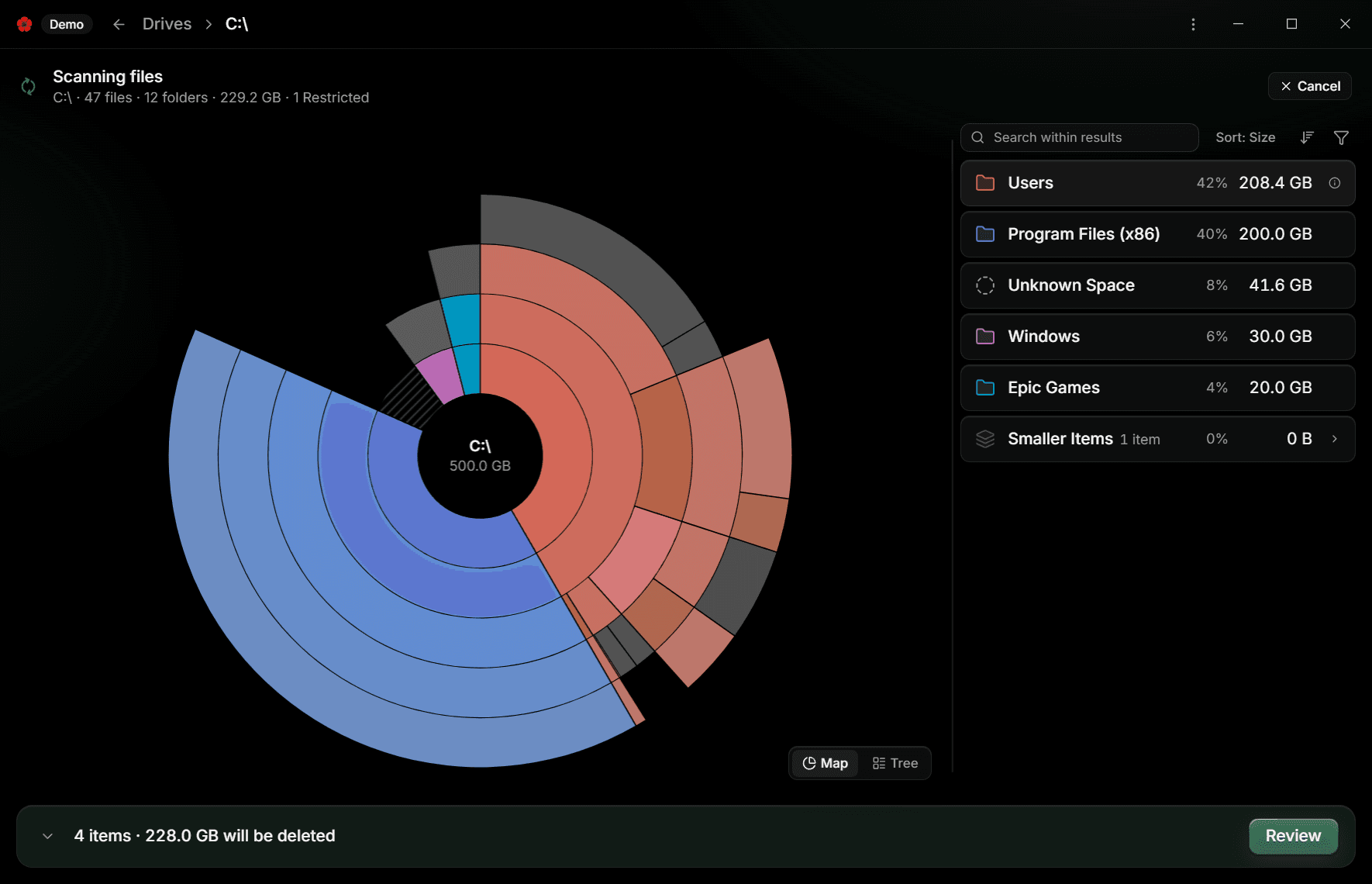 The Disk Map of C:\ beside the Details Panel, with Users as the widest Segment
