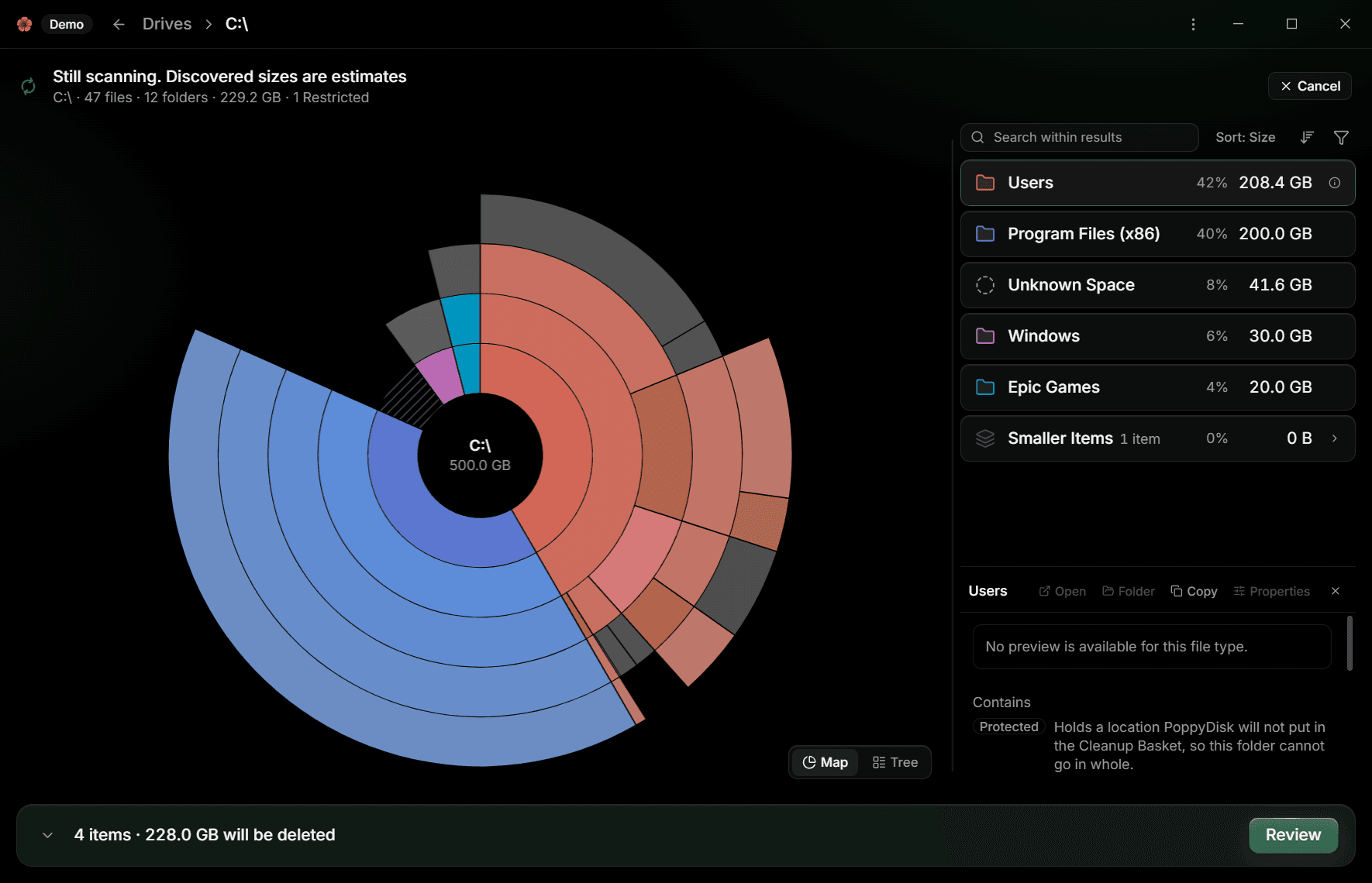 The Inspector open on the Users folder, showing the action bar, the preview area, and the metadata rows
