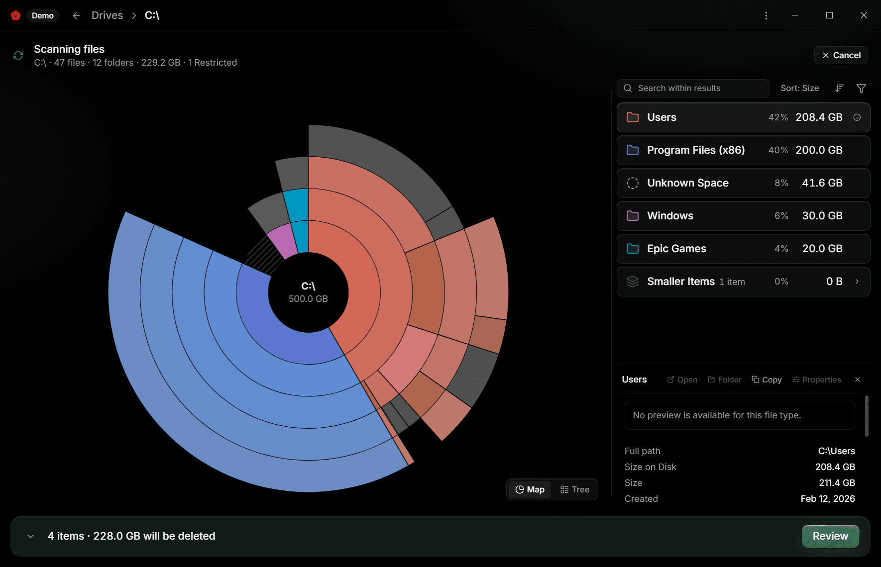 The Inspector open on the Users folder, showing the action bar, the preview area, and the metadata rows