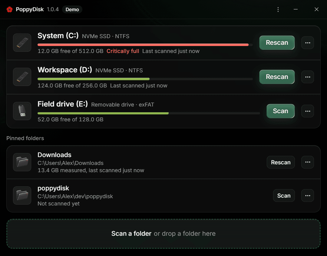 The Drive Overview with two Pinned Folders: Downloads, measured and ready to Rescan, and poppydisk, not scanned yet