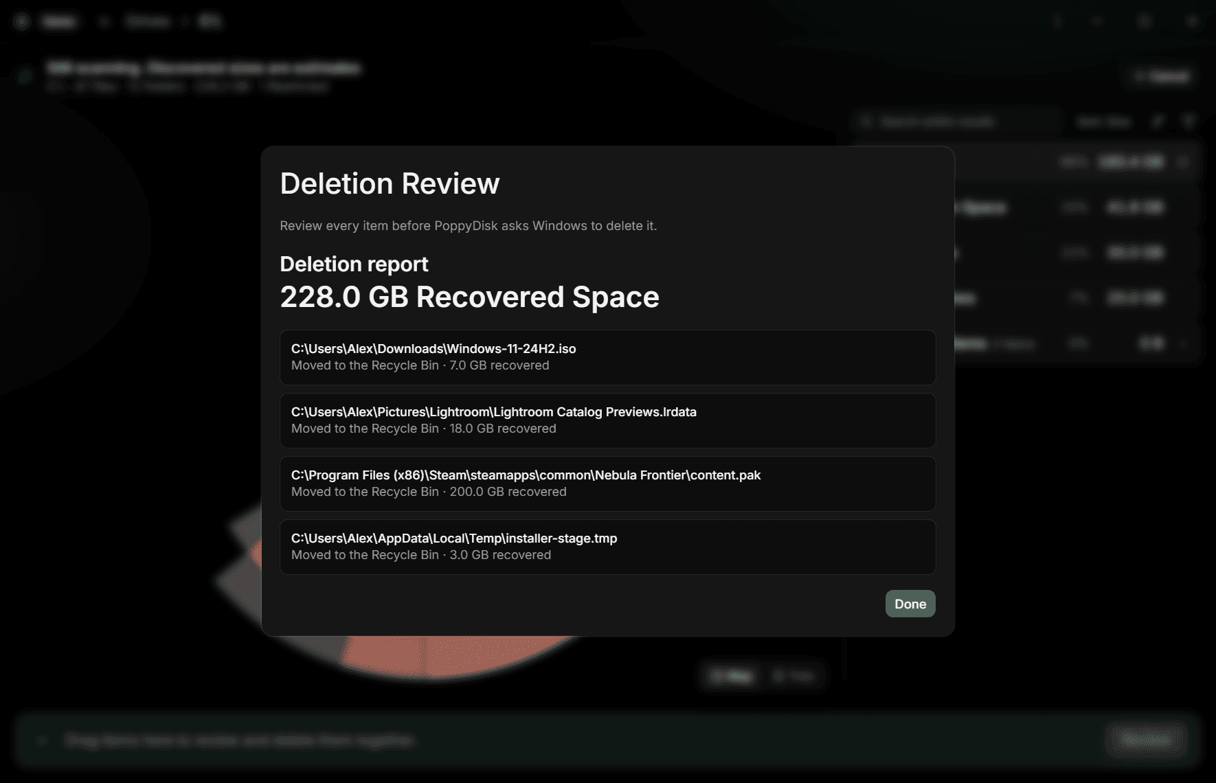 The Deletion report headed 7.0 GB Recovered Space, with the one item marked Moved to the Recycle Bin