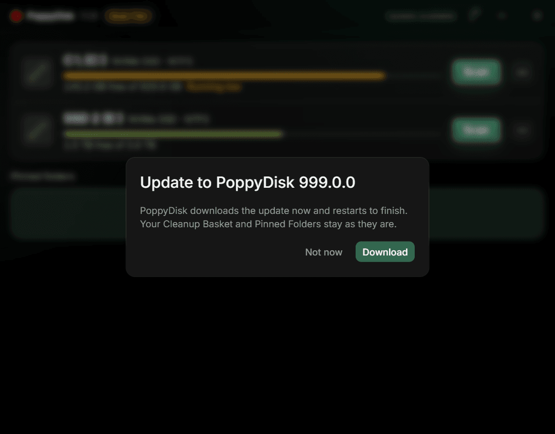 The Update to PoppyDisk 999.0.0 dialog before downloading, with Not now and Download buttons